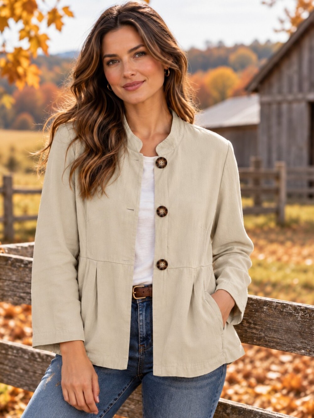 Linen Cream Button-Front Peplum Stand-up Collar Jacket 3 Button Y2K Lightweight